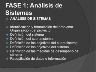 FASE 1: Análisis de
Sistemas
 ANALISIS DE SISTEMAS
 Identificación y formulación del problema
Organización del proyecto
 Definición del sistema
 Definición del suprasistema
 Definición de los objetivos del suprasistema
 Definición de los objetivos del sistema
 Definición de las medidas de desempeño del
sistema
 Recopilación de datos e información
 