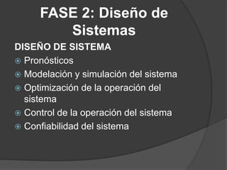 FASE 2: Diseño de
Sistemas
DISEÑO DE SISTEMA
 Pronósticos
 Modelación y simulación del sistema
 Optimización de la operación del
sistema
 Control de la operación del sistema
 Confiabilidad del sistema
 