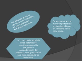 En los que se les da
mayor Importancia a
la parte tecnológica
en contraste con la
parte social.
La componente social de
estos sistemas se
considera coma si la
actuación o
comportamiento del
individuo o del grupo social
solo fuera generador de
estadística
 