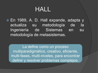 HALL
 En 1989, A. D. Hall expande, adapta y
actualiza su metodología de la
Ingeniería de Sistemas en su
metodología de metasistemas.
La define como un proceso
multiparadigmático, creativo, eficiente,
multi-fases, multi-niveles, para encontrar
definir y resolver problemas complejos.
 