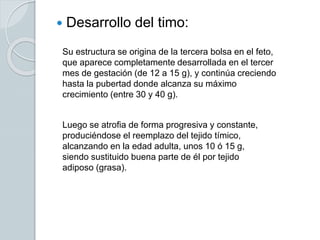  Desarrollo del timo:
Su estructura se origina de la tercera bolsa en el feto,
que aparece completamente desarrollada en el tercer
mes de gestación (de 12 a 15 g), y continúa creciendo
hasta la pubertad donde alcanza su máximo
crecimiento (entre 30 y 40 g).
Luego se atrofia de forma progresiva y constante,
produciéndose el reemplazo del tejido tímico,
alcanzando en la edad adulta, unos 10 ó 15 g,
siendo sustituido buena parte de él por tejido
adiposo (grasa).
 
