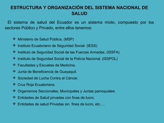 ESTRUCTURA Y ORGANIZACIÓN DEL SISTEMA NACIONAL DE
SALUD
El sistema de salud del Ecuador es un sistema mixto, compuesto por los
sectores Público y Privado, entre ellos tenemos:
 Ministerio de Salud Pública. (MSP)
 Instituto Ecuatoriano de Seguridad Social. (IESS)
 Instituto de Seguridad Social de las Fuerzas Armadas. (ISSFA)
 Instituto de Seguridad Social de la Policía Nacional. (ISSPOL)
 Facultades y Escuelas de Medicina.
 Junta de Beneficencia de Guayaquil.
 Sociedad de Lucha Contra el Cáncer.
 Cruz Roja Ecuatoriana.
 Organismos Seccionales, Municipales y Juntas parroquiales.
 Entidades de Salud privadas con finas de lucro.
 Entidades de salud Privadas sin fines de lucro, etc.…
 