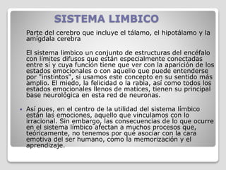 SISTEMA LIMBICO
Parte del cerebro que incluye el tálamo, el hipotálamo y la
amígdala cerebra
El sistema limbico un conjunto de estructuras del encéfalo
con límites difusos que están especialmente conectadas
entre sí y cuya función tiene que ver con la aparición de los
estados emocionales o con aquello que puede entenderse
por "instintos", si usamos este concepto en su sentido más
amplio. El miedo, la felicidad o la rabia, así como todos los
estados emocionales llenos de matices, tienen su principal
base neurológica en esta red de neuronas.
 Así pues, en el centro de la utilidad del sistema límbico
están las emociones, aquello que vinculamos con lo
irracional. Sin embargo, las consecuencias de lo que ocurre
en el sistema límbico afectan a muchos procesos que,
teóricamente, no tenemos por qué asociar con la cara
emotiva del ser humano, como la memorización y el
aprendizaje.
 