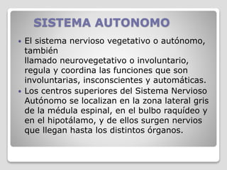 SISTEMA AUTONOMO
 El sistema nervioso vegetativo o autónomo,
también
llamado neurovegetativo o involuntario,
regula y coordina las funciones que son
involuntarias, insconscientes y automáticas.
 Los centros superiores del Sistema Nervioso
Autónomo se localizan en la zona lateral gris
de la médula espinal, en el bulbo raquídeo y
en el hipotálamo, y de ellos surgen nervios
que llegan hasta los distintos órganos.
 