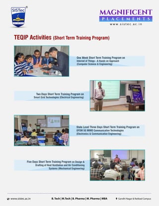 B. Tech | M.Tech | B. Pharma | M. Pharma | MBAwww.sistec.ac.in Gandhi Nagar Ratibad Campus
TEQIP Activities (Short Term Training Program)
One Week Short Term Training Program on
Internet of Things - A Hands on Approach
(Computer Science & Engineering)
State Level Three Days Short Term Training Program on
OFDM 5G MIMO Communication Technologies
(Electronics & Communication Engineering)
Two Days Short Term Training Program on
Smart Grid Technologies (Electrical Engineering)
Five Days Short Term Training Program on Design &
Drafting of Heat Ventilation and Air Conditioning
Systems (Mechanical Engineering)
 
