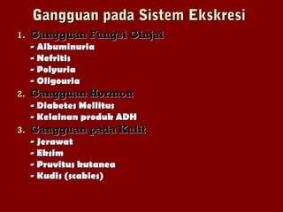 Gangguan pada Sistem EkskresiGangguan pada Sistem Ekskresi
1.1. Gangguan Fungsi GinjalGangguan Fungsi Ginjal
- Albuminuria- Albuminuria
- Nefritis- Nefritis
- Polyuria- Polyuria
- Oligouria- Oligouria
2.2. Gangguan HormonGangguan Hormon
- Diabetes Mellitus- Diabetes Mellitus
- Kelainan produk ADH- Kelainan produk ADH
3.3. Gangguan pada KulitGangguan pada Kulit
- Jerawat- Jerawat
- Eksim- Eksim
- Pruvitus kutanea- Pruvitus kutanea
- Kudis (scabies)- Kudis (scabies)
 