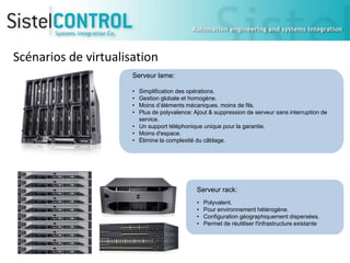 Scénarios de virtualisation
Serveur lame:
•
•
•
•

Simplification des opérations.
Gestion globale et homogène.
Moins d’éléments mécaniques, moins de fils.
Plus de polyvalence: Ajout & suppression de serveur sans interruption de
service.
• Un support téléphonique unique pour la garantie.
• Moins d'espace.
• Élimine la complexité du câblage.

Serveur rack:
•
•
•
•

Polyvalent.
Pour environnement hétérogène.
Configuration géographiquement dispersées.
Permet de réutiliser l'infrastructure existante

 