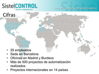 Cifras

•
•
•
•

25 empleados
Sede en Barcelona
Oficinas en Madrid y Burdeos
Más de 500 proyectos de automatización
realizados
• Proyectos internacionales en 14 países

 