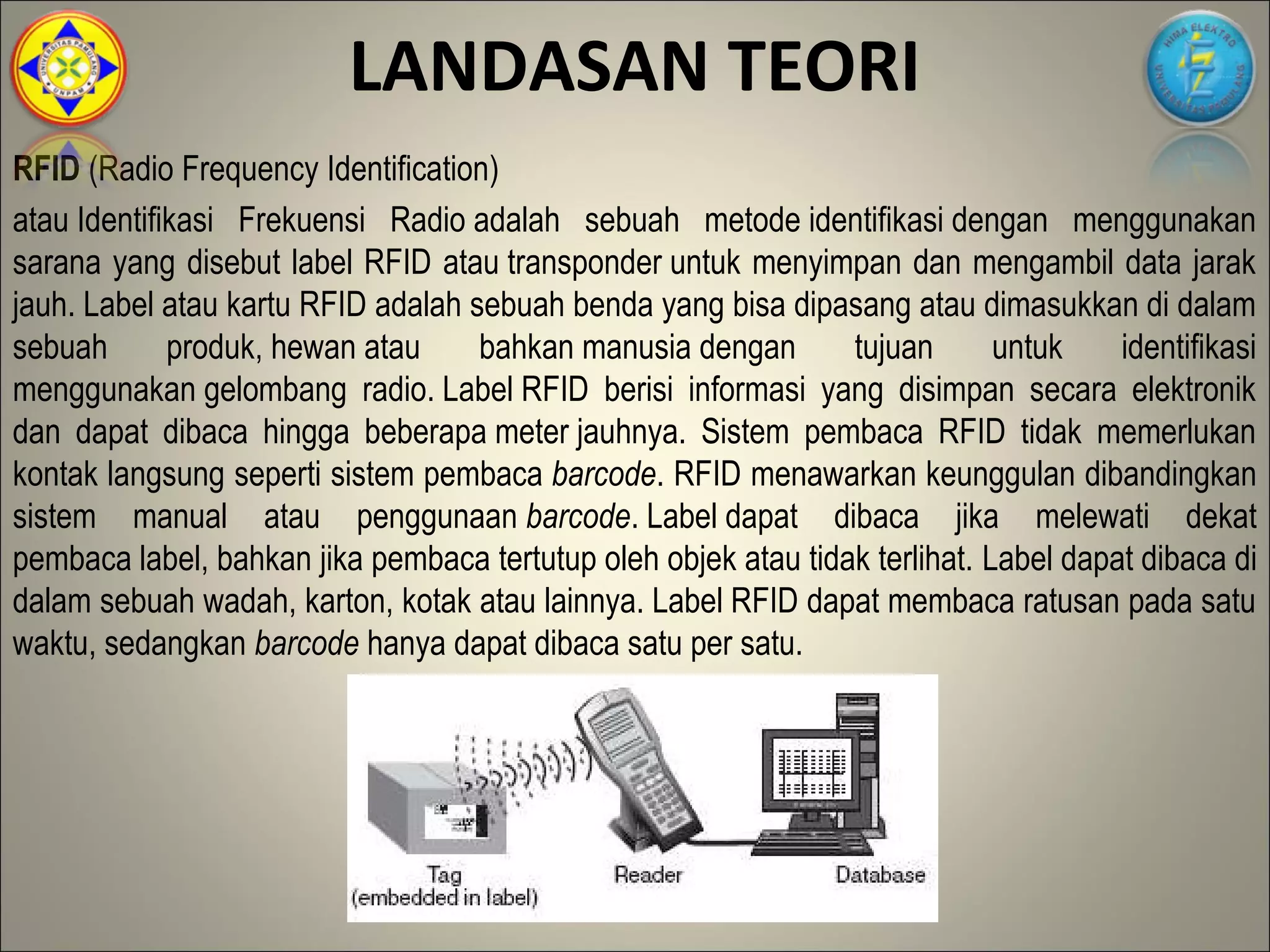 LANDASAN TEORI
RFID (Radio Frequency Identification)
atau Identifikasi Frekuensi Radio adalah sebuah metode identifikasi dengan menggunakan
sarana yang disebut label RFID atau transponder untuk menyimpan dan mengambil data jarak
jauh. Label atau kartu RFID adalah sebuah benda yang bisa dipasang atau dimasukkan di dalam
sebuah       produk, hewan atau     bahkan manusia dengan       tujuan       untuk    identifikasi
menggunakan gelombang radio. Label RFID berisi informasi yang disimpan secara elektronik
dan dapat dibaca hingga beberapa meter jauhnya. Sistem pembaca RFID tidak memerlukan
kontak langsung seperti sistem pembaca barcode. RFID menawarkan keunggulan dibandingkan
sistem manual atau penggunaan barcode. Label dapat dibaca jika melewati dekat
pembaca label, bahkan jika pembaca tertutup oleh objek atau tidak terlihat. Label dapat dibaca di
dalam sebuah wadah, karton, kotak atau lainnya. Label RFID dapat membaca ratusan pada satu
waktu, sedangkan barcode hanya dapat dibaca satu per satu.
 