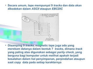 • Secara umum, tape mempunyai 9 tracks dan data akan
  dikodekan dalam ASCII ataupun EBCDIC




• Disamping 9 tracks, magnetic tape juga ada yang
  merekam datanya dalam bentuk 7 tracks, dimana track
  yang paling atas digunakan sebagai parity check, yang
  berguna bagi komputer untuk melihat apakah terjadi
  kesalahan dalam hal penyimpanan, perpindahan ataupun
  saat copy data pada setiap karakternya
 