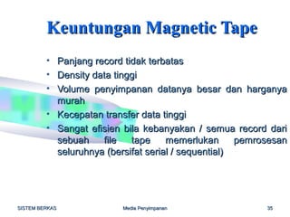Keuntungan Magnetic Tape
         • Panjang record tidak terbatas
         • Density data tinggi
         • Volume penyimpanan datanya besar dan harganya
           murah
         • Kecepatan transfer data tinggi
         • Sangat efisien bila kebanyakan / semua record dari
           sebuah    file   tape     memerlukan      pemrosesan
           seluruhnya (bersifat serial / sequential)




SISTEM BERKAS             Media Penyimpanan               35
 