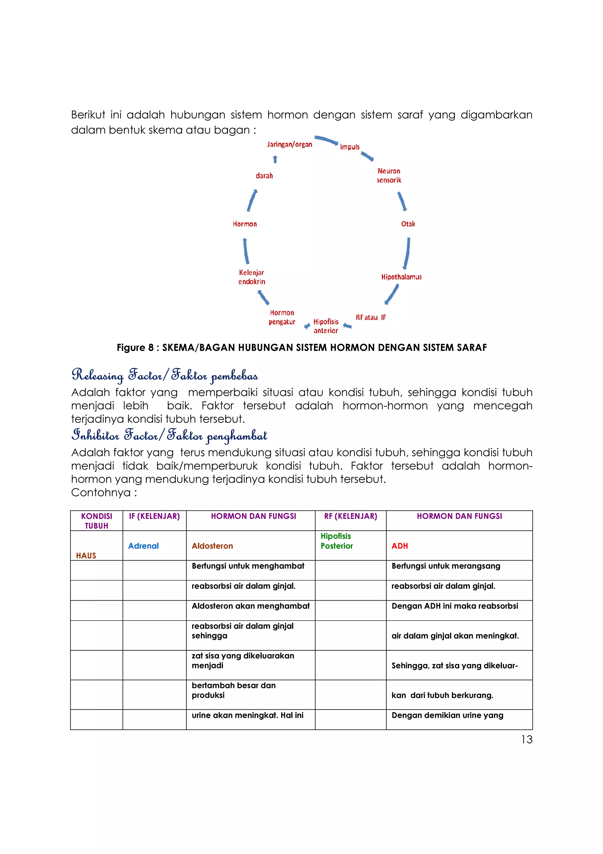 Berikut ini adalah hubungan sistem hormon dengan sistem saraf yang digambarkan
dalam bentuk skema atau bagan :




           Figure 8 : SKEMA/BAGAN HUBUNGAN SISTEM HORMON DENGAN SISTEM SARAF

Releasing Factor/Faktor pembebas
Adalah faktor yang memperbaiki situasi atau kondisi tubuh, sehingga kondisi tubuh
menjadi lebih      baik. Faktor tersebut adalah hormon-hormon yang mencegah
terjadinya kondisi tubuh tersebut.
Inhibitor Factor/Faktor penghambat
Adalah faktor yang terus mendukung situasi atau kondisi tubuh, sehingga kondisi tubuh
menjadi tidak baik/memperburuk kondisi tubuh. Faktor tersebut adalah hormon-
hormon yang mendukung terjadinya kondisi tubuh tersebut.
Contohnya :

 KONDISI     IF (KELENJAR)        HORMON DAN FUNGSI          RF (KELENJAR)         HORMON DAN FUNGSI
  TUBUH
                                                             Hipofisis
             Adrenal         Aldosteron                      Posterior       ADH
HAUS
                             Berfungsi untuk menghambat                      Berfungsi untuk merangsang

                             reabsorbsi air dalam ginjal.                    reabsorbsi air dalam ginjal.

                             Aldosteron akan menghambat                      Dengan ADH ini maka reabsorbsi

                             reabsorbsi air dalam ginjal
                             sehingga                                        air dalam ginjal akan meningkat.

                             zat sisa yang dikeluarakan
                             menjadi                                         Sehingga, zat sisa yang dikeluar-

                             bertambah besar dan
                             produksi                                        kan dari tubuh berkurang.

                             urine akan meningkat. Hal ini                   Dengan demikian urine yang


                                                                                                                 13
 