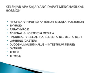  HIPOFISA  HIPOFISA ANTERIOR, MEDULA, POSTERIOR
 THYROID
 PARATHYROID
 ADRENAL  KORTEKS & MEDULA
 PANKREAS  SEL ALPHA, SEL BETA, SEL DELTA, SEL F
 LAMBUNG (GASTER)
 DUODENUM (USUS HALUS = INTESTINUM TENUE)
 OVARIUM
 TESTIS
 THYMUS
 