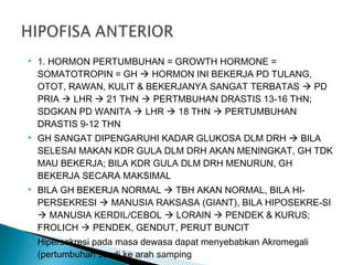  1. HORMON PERTUMBUHAN = GROWTH HORMONE =
SOMATOTROPIN = GH  HORMON INI BEKERJA PD TULANG,
OTOT, RAWAN, KULIT & BEKERJANYA SANGAT TERBATAS  PD
PRIA  LHR  21 THN  PERTMBUHAN DRASTIS 13-16 THN;
SDGKAN PD WANITA  LHR  18 THN  PERTUMBUHAN
DRASTIS 9-12 THN
 GH SANGAT DIPENGARUHI KADAR GLUKOSA DLM DRH  BILA
SELESAI MAKAN KDR GULA DLM DRH AKAN MENINGKAT, GH TDK
MAU BEKERJA; BILA KDR GULA DLM DRH MENURUN, GH
BEKERJA SECARA MAKSIMAL
 BILA GH BEKERJA NORMAL  TBH AKAN NORMAL, BILA HI-
PERSEKRESI  MANUSIA RAKSASA (GIANT), BILA HIPOSEKRE-SI
 MANUSIA KERDIL/CEBOL  LORAIN  PENDEK & KURUS;
FROLICH  PENDEK, GENDUT, PERUT BUNCIT
 Hipersekresi pada masa dewasa dapat menyebabkan Akromegali
(pertumbuhan sendi ke arah samping
 