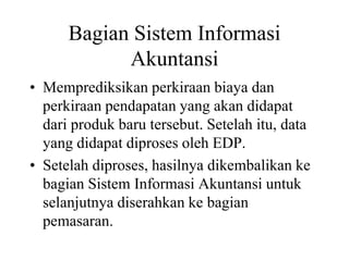 Bagian Sistem Informasi
Akuntansi
• Memprediksikan perkiraan biaya dan
perkiraan pendapatan yang akan didapat
dari produk baru tersebut. Setelah itu, data
yang didapat diproses oleh EDP.
• Setelah diproses, hasilnya dikembalikan ke
bagian Sistem Informasi Akuntansi untuk
selanjutnya diserahkan ke bagian
pemasaran.
 