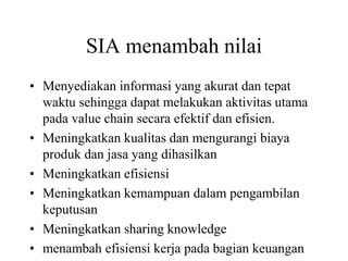 SIA menambah nilai
• Menyediakan informasi yang akurat dan tepat
waktu sehingga dapat melakukan aktivitas utama
pada value chain secara efektif dan efisien.
• Meningkatkan kualitas dan mengurangi biaya
produk dan jasa yang dihasilkan
• Meningkatkan efisiensi
• Meningkatkan kemampuan dalam pengambilan
keputusan
• Meningkatkan sharing knowledge
• menambah efisiensi kerja pada bagian keuangan
 