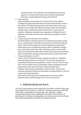 mengekskresikan air dan elektrolit serta melindungi dari agen asing
        dengan cara mempersulit perlekatan agen asing dan menghasilkan
        dermicidin, sebuah peptida kecil dengan sifat antibiotik.
4. Fungsi persepsi
   Kulit mengandung ujung-ujung saraf sensorik di dermis dan subkutis.
   Terhadap rangsangan panas diperankan oleh badan-badan Ruffini di dermis
   dan subkutis. Terhadap dingin diperankan oleh badan-badan Krause yang
   terletak di dermis, badan taktil Meissner terletak di papila dermis berperan
   terhadap rabaan, demikian pula badan Merkel Ranvier yang terletak di
   epidermis. Sedangkan terhadap tekanan diperankan oleh badan Paccini di
   epidermis. Saraf-saraf sensorik tersebut lebih banyak jumlahnya di daerah
   yang erotik.
5. Fungsi pengaturan suhu tubuh (termoregulasi)
   Kulit berkontribusi terhadap pengaturan suhu tubuh (termoregulasi) melalui
   dua cara: pengeluaran keringat dan menyesuaikan aliran darah di pembuluh
   kapiler. Pada saat suhu tinggi, tubuh akan mengeluarkan keringat dalam
   jumlah banyak serta memperlebar pembuluh darah (vasodilatasi) sehingga
   panas akan terbawa keluar dari tubuh. Sebaliknya, pada saat suhu rendah,
   tubuh akan mengeluarkan lebih sedikit keringat dan mempersempit pembuluh
   darah (vasokonstriksi) sehingga mengurangi pengeluaran panas oleh tubuh.
6. Fungsi pembentukan vitamin D
   Sintesis vitamin D dilakukan dengan mengaktivasi prekursor 7 dihidroksi
   kolesterol dengan bantuan sinar ultraviolet. Enzim di hati dan ginjal lalu
   memodifikasi prekursor dan menghasilkan calcitriol, bentuk vitamin D yang
   aktif. Calcitriol adalah hormon yang berperan dalam mengabsorpsi kalsium
   makanan dari traktus gastrointestinal ke dalam pembuluh darah.
   Walaupun tubuh mampu memproduksi vitamin D sendiri, namun belum
   memenuhi kebutuhan tubuh secara keseluruhan sehingga pemberian vitamin D
   sistemik masih tetap diperlukan.
   Pada manusia kulit dapat pula mengekspresikan emosi karena adanya
   pembuluh darah, kelenjar keringat, dan otot-otot di bawah kulit.



          STRUKTUR KULIT BAYI
Kulit bayi yang strukturnya masih sangat halus dan lembut, memiliki fungsi yang
sama dengan kulit orang dewasa. Kulit bayi melindungi organ-organ sensitif di
dalam tubuh, menjaga agar bayi berada pada suhu yang tepat - dengan
mengeluarkan keringat untuk mendinginkan suhu tubuh, bulu-bulu halus di
permukaan kulit berfungsi menghangatkan, dan ribuan ujung syaraf sensitif pada
kulit, adalah penghubung antara tubuh bayi dengan dunia luar.
 