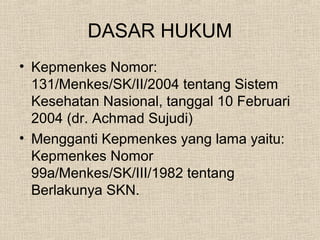 DASAR HUKUM
• Kepmenkes Nomor:
131/Menkes/SK/II/2004 tentang Sistem
Kesehatan Nasional, tanggal 10 Februari
2004 (dr. Achmad Sujudi)
• Mengganti Kepmenkes yang lama yaitu:
Kepmenkes Nomor
99a/Menkes/SK/III/1982 tentang
Berlakunya SKN.
 