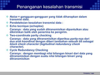 Company Logo 
Penanganan kesalahan transmisi 
 Noise = gangguan-gangguan yang tidak diharapkan dalam 
transmisi data. 
 Pendeteksian kesalahan transmisi data : 
 Echo tecnique (echoplex) 
Caranya : data yang sudah ditransmisikan dipantulkan atau 
dikirimkan balik oleh penerima ke pengirim. 
 Two-coordinate parity checking 
Caranya : data yang ditransmisikan diperiksa parity-nya dari 
dua arah koordinat dengan diberi tambahan sebuah bit sebagai 
block check character (logitudinal redundancy check 
character). 
 Cycle Redundancy Checking 
Caranya : dengan membagi nilai bilangan binari dari data yang 
ditransmisikan dengan suatu nilai bilangan binari yang 
ditransmisikan 
 