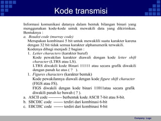 Company Logo 
Kode transmisi 
Informasi komunikasi datanya dalam bentuk bilangan binari yang 
menggunakan kode-kode untuk mewakili data yang dikirimkan. 
Bentuknya : 
a. Boudot code (murray code) 
Merupakan kombinasi 5 bit untuk mewaklili suatu karakter karena 
dengan 32 bit tidak semua karakter alphanumerik terwakili. 
Kodenya dibagi menjadi 2 bagian : 
1. Letter characters (karakter huruf) 
Kode pewakilan karakter diawali dengan kode letter shift 
character (LTRS atau LS). 
LTRS diwakili kode Binari 11111 atau secara grafik diwakili 
dengan panah ke atas ( ? ). 
1. Figures characters (karakter bentuk) 
Kode pewakilannya diawali dengan kode figure shift character 
(FIGS atau FS). 
FIGS diwakili dengan kode binari 11011atau secara grafik 
diwakili panah ke bawah ( ? ). 
a. ASCII code ---------- berbentuk kode ASCII 7-bit atau 8-bit. 
b. SBCDIC code ------- terdiri dari kombinasi 6-bit 
c. EBCDIC code ------- terdiri dari kombinasi 8-bit 
 