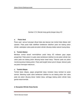Sistem Kontrol Elektropnumatik
106
Teknik Otomasi Industri
Gambar 4.18. Silender kerja ganda dengan katup 4/2
a. Posisi Awal
Posisi awal semua hubungan dibuat tidak ada tekanan dan tombol tidak ditekan oleh
operator. Pada posisi tidak diaktifkan bertekanan diberikan pada sisi batang piston
silinder, sedangkan udara pada sisi piston silinder dibuang melalui saluran buang katup.
b. Tombol ditekan
Menekan tombol berarti memindahkan posisi katup 4/2 melawan gaya pegas
pengembali. Pada posisi ini suplai udara bertekanan dialirkan ke sisi piston silinder dan
udara pada sisi batang piston dibuang keluar lewat katup. Tekanan pada sisi piston
mendorong keluar batang piston. Pada saat langlah keluar penuh dicapai, tekanan pada
sisi piston mencapai maksimum.
c. Tombol dilepas
Tombol tekan dilepas, pegas pengembali katup menekan katup kembali ke posisi
semula. Sekarang suplai udara bertekanan dialirkan ke sisi batang piston dan udara
pada sisi piston dibuang keluar melalui katup, sehingga batang piston silinder kerja
ganda masuk kembali.
d. Kecepatan Silinder Kerja Ganda
 