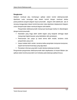 Sistem Kontrol Elektropnumatik
127
Teknik Otomasi Industri
Rangkuman
Sebelum membuat atau membangun aplikasi sistem kontrol elektropneumatik
diperlukan suatu rancangan atau desain kontrol dengan membuat sketsa
posisi,positional program,diagram layout pneumatik ,diagram sirkit elektrik,dan jika di
rancang menggunakan desain kontrol berurutan maka diperlukan displacement diagram
untuk mempermudah dalam membuat diagram sirkit elektrik.
Pengontrolan elektropneumatik mempunyai keuntungan berikut ini dibandingkan
dengan kontrol pneumatik :
 Keandalan yang tinggi (lebih sedikit bagian yang bergerak sehingga dapat
mengurangi tingkat keausan yang diakibatkan oleh pemakaian).
 Perencanaan dan upaya uji serah terima lebih rendah, terutama untuk
pengontrolan yang rumit.
 Upaya instalasi lebih randah, terutama ketika pengintalan komponen-komponen,
seperti terminal-terminal katup yang digunakan.
 Perubahan informasi yang lebih mudah diantara beberapa kontroler.
Pengontrolan-pengontrolan elektropneumatik telah diapilkasikan di Industri Modern dan
aplikasi sistem kontrol pneumatik murni terbatas pada beberapa aplikasi khusus.
 