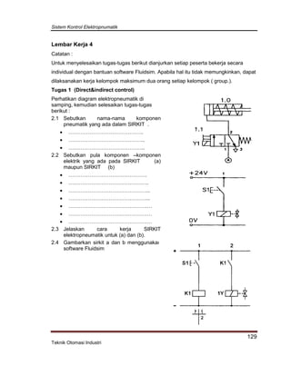 Sistem Kontrol Elektropnumatik
129
Teknik Otomasi Industri
Lembar Kerja 4
Catatan :
Untuk menyelesaikan tugas-tugas berikut dianjurkan setiap peserta bekerja secara
individual dengan bantuan software Fluidsim. Apabila hal itu tidak memungkinkan, dapat
dilaksanakan kerja kelompok maksimum dua orang setiap kelompok ( group.).
Tugas 1 (Direct&indirect control)
( a )
( b )
Perhatikan diagram elektropneumatik di
samping, kemudian selesaikan tugas-tugas
berikut :
2.1 Sebutkan nama-nama komponen
pneumatik yang ada dalam SIRKIT .
 …………………………………….
 ……………………………………..
 ……………………………………..
2.2 Sebutkan pula komponen –komponen
elektrik yang ada pada SIRKIT (a)
maupun SIRKIT (b)
 ………………………………………
 ……………………………………….
 ………………………………………..
 ………………………………………..
 …………………………………………
 …………………………………………
 …………………………………………
2.3 Jelaskan cara kerja SIRKIT
elektropneumatik untuk (a) dan (b).
2.4 Gambarkan sirkit a dan b menggunakan
software Fluidsim
 