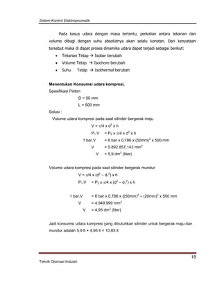 Sistem Kontrol Elektropnumatik
18
Teknik Otomasi Industri
Pada kasus udara dengan masa tertentu, perkalian antara tekanan dan
volume dibagi dengan suhu absolutnya akan selalu konstan. Dari kenyataan
tersebut maka di dapat proses dinamika udara dapat terjadi sebagai berikut:
 Tekanan Tetap  Isobar berubah
 Volume Tetap  Isochore berubah
 Suhu Tetap  Isothermal berubah
Menentukan Konsumsi udara kompresi,
Spesifikasi Piston
D = 50 mm
L = 500 mm
Solusi :
Volume udara kompresi pada saat silinder bergerak maju
V = /4 x d2
x h
P1.V = P2 x /4 x d2
x h
1 bar.V = 6 bar x 0,786 x (50mm)2
x 500 mm
V = 5.892.857,143 mm3
V = 5,9 dm3
(liter)
Volume udara kompresi pada saat silinder bergerak mundur
V = /4 x (d2
– d1
2
) x h
P1.V = P2 x /4 x (d2
– d1
2
) x h
1 bar.V = 6 bar x 0,786 x {(50mm)2
– (20mm)2
x 500 mm
V = 4.949.999 mm3
V = 4,95 dm3
(liter)
Jadi konsumsi udara kompresi yang dibutuhkan silinder untuk bergerak maju dan
mundur adalah 5,9 lt + 4,95 lt = 10,85 lt
 
