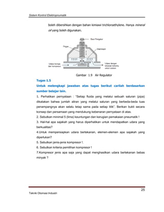 Sistem Kontrol Elektropnumatik
25
Teknik Otomasi Industri
boleh dibersihkan dengan bahan kimiawi trichloroethylene. Hanya mineral
oil yang boleh digunakan.
Gambar 1.9 Air Regulator
Tugas 1.5
Untuk melengkapi jawaban atas tugas berikut carilah berdasarkan
sumber belajar lain.
1. Perhatikan pernyataan : “Setiap fluida yang melalui sebuah saluran (pipa)
dikatakan bahwa jumlah aliran yang melalui saluran yang berbeda-beda luas
penampangnya akan selalu tetap sama pada setiap titik”. Berikan bukti secara
konsep dan persamaan yang mendukung kebenaran pernyataan di atas.
2. Sebutkan minimal 5 (lima) keuntungan dan kerugian pemakaian pneumatik !
3. Hal-hal apa sajakah yang harus diperhatikan untuk mendapatkan udara yang
berkualitas?
4.Untuk mempersiapkan udara bertekanan, elemen-elemen apa sajakah yang
diperlukan?
5. Sebutkan jenis-jenis kompresor !.
6. Sebutkan kriteria pemilihan kompresor !
7.Kompresor jenis apa saja yang dapat menghasilkan udara bertekanan bebas
minyak ?
 