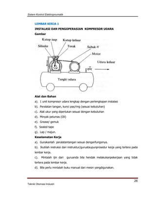 Sistem Kontrol Elektropnumatik
26
Teknik Otomasi Industri
LEMBAR KERJA 1
INSTALASI DAN PENGOPERASIAN KOMPRESOR UDARA
Gambar
Alat dan Bahan
a). 1 unit kompresor udara lengkap dengan perlengkapan instalasi
b). Peralatan tangan, kunci pas/ring (sesuai kebutuhan)
c). Alat ukur yang diperlukan sesuai dengan kebutuhan
d). Minyak pelumas (Oli)
e). Grease/ gemuk
f). Sealed tape
g). Lap / majun.
Keselamatan Kerja
a). Gunakanlah peralatantangan sesuai denganfungsinya.
b). Ikutilah instruksi dari instruktur/guruataupunprosedur kerja yang tertera pada
lembar kerja.
c). Mintalah ijin dari guruanda bila hendak melakukanpekerjaan yang tidak
tertera pada lembar kerja.
d). Bila perlu mintalah buku manual dari mesin yangdigunakan.
 