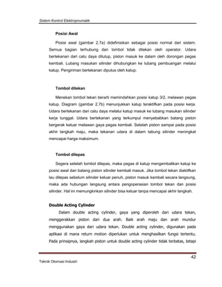 Sistem Kontrol Elektropnumatik
42
Teknik Otomasi Industri
Posisi Awal
Posisi awal (gambar 2.7a) didefinisikan sebagai posisi normal dari sistem.
Semua bagian terhubung dan tombol tidak ditekan oleh operator. Udara
bertekanan dari catu daya ditutup, piston masuk ke dalam oleh dorongan pegas
kembali. Lubang masukan silinder dihubungkan ke lubang pembuangan melalui
katup. Pengiriman bertekanan diputus oleh katup.
Tombol ditekan
Menekan tombol tekan berarti memindahkan posisi katup 3/2, melawan pegas
katup. Diagram (gambar 2.7b) menunjukkan katup teraktifkan pada posisi kerja.
Udara bertekanan dari catu daya melalui katup masuk ke lubang masukan silinder
kerja tunggal. Udara bertekanan yang terkumpul menyebabkan batang piston
bergerak keluar melawan gaya pegas kembali. Setelah piston sampai pada posisi
akhir langkah maju, maka tekanan udara di dalam tabung silinder meningkat
mencapai harga maksimum.
Tombol dilepas
Segera setelah tombol dilepas, maka pegas di katup mengembalikan katup ke
posisi awal dan batang piston silinder kembali masuk. Jika tombol tekan diaktifkan
lau dilepas sebelum silinder keluar penuh, piston masuk kembali secara langsung,
maka ada hubungan langsung antara pengoperasian tombol tekan dan posisi
silinder. Hal ini memungkinkan silinder bisa keluar tanpa mencapai akhir langkah.
Double Acting Cylinder
Dalam double acting cylinder, gaya yang diperoleh dari udara tekan,
menggerakkan piston dari dua arah. Baik arah maju dan arah mundur
menggunakan gaya dari udara tekan. Double acting cylinder, digunakan pada
aplikasi di mana return motion diperlukan untuk menghasilkan fungsi tertentu.
Pada prinsipnya, langkah piston untuk double acting cylinder tidak terbatas, tetapi
 