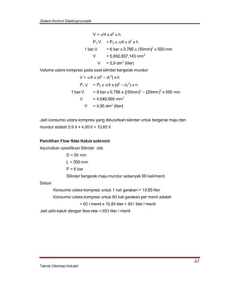 Sistem Kontrol Elektropnumatik
47
Teknik Otomasi Industri
V = /4 x d2
x h
P1.V = P2 x /4 x d2
x h
1 bar.V = 6 bar x 0,786 x (50mm)2
x 500 mm
V = 5.892.857,143 mm3
V = 5,9 dm3
(liter)
Volume udara kompresi pada saat silinder bergerak mundur
V = /4 x (d2
– d1
2
) x h
P1.V = P2 x /4 x (d2
– d1
2
) x h
1 bar.V = 6 bar x 0,786 x {(50mm)2
– (20mm)2
x 500 mm
V = 4.949.999 mm3
V = 4,95 dm3
(liter)
Jadi konsumsi udara kompresi yang dibutuhkan silinder untuk bergerak maju dan
mundur adalah 5,9 lt + 4,95 lt = 10,85 lt
Pemilihan Flow Rate Katub solenoid
Asumsikan spesifikasi Silinder sbb.
D = 50 mm
L = 500 mm
P = 6 bar
Silinder bergerak maju-mundur sebanyak 60 kali/menit
Solusi:
Konsumsi udara kompresi untuk 1 kali gerakan = 10,85 liter
Konsumsi udara kompresi untuk 60 kali gerakan per menit adalah
= 60 / menit x 10,85 liter = 651 liter / menit
Jadi pilih katub dengan flow rate = 651 liter / menit
 
