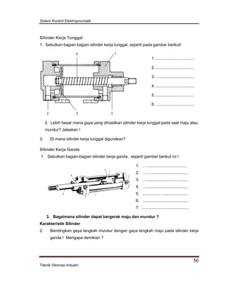Sistem Kontrol Elektropnumatik
50
Teknik Otomasi Industri
Silinder Kerja Tunggal
1. Sebutkan bagian-bagian silinder kerja tunggal, seperti pada gambar berikut!
1
2 3 4
5
1. ..................................
2. ..................................
3. ..................................
4. ..................................
5. ..................................
6. ..................................
2. Lebih besar mana gaya yang dihasilkan silinder kerja tunggal pada saat maju atau
mundur? Jelaskan !
3. Di mana silinder kerja tunggal digunakan?
Silinder Kerja Ganda
1. Sebutkan bagian-bagian silinder kerja ganda , seperti gambar berikut ini !
1. …....................................
2. ….....................................
3. ….........................…........
4. ….....................................
5. ...............…......................
6. .........................................
7. ..........................................
3. Bagaimana silinder dapat bergerak maju dan mundur ?
Karakteristik Silinder
2. Bandingkan gaya langkah mundur dengan gaya langkah maju pada silinder kerja
ganda ! Mengapa demikian ?
 
