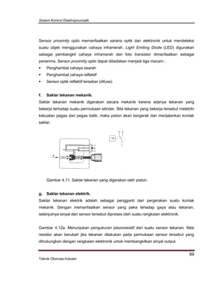 Sistem Kontrol Elektropnumatik
99
Teknik Otomasi Industri
Sensor proximity optic memanfaatkan sarana optik dan elektronik untuk mendeteksi
suatu objek menggunakan cahaya inframerah. Light Emiting Diode (LED) digunakan
sebagai pembangkit cahaya inframerah dan foto transistor dimanfaatkan sebagai
penerima. Sensor proximity optic dapat dibedakan menjadi tiga macam :
 Penghambat cahaya searah
 Penghambat cahaya reflektif
 Sensor optik reflektif tersebar (difuse)
f. Saklar tekanan mekanik.
Saklar tekanan mekanik digerakan secara mekanik karena adanya tekanan yang
bekerja terhadap suatu permukaan silinder. Bila tekanan yang bekerja tersebut melebihi
kekuatan pegas dari pegas balik, maka piston akan bergerak dan menjalankan kontak
saklar.
Gambar 4.11. Saklar tekanan yang digerakan oleh piston.
g. Saklar tekanan elektrik.
Saklar tekanan elektrik adalah sebagai pengganti dari pergerakan suatu kontak
mekanik. Dengan memanfaatkan sensor yang peka tehadap gaya atau tekanan,
selanjutnya sinyal dari sensor tersebut diproses oleh suatu rangkaian elektronik.
Gambar 4.12a. Menunjukan pengukuran piezoresistif dari suatu sensor tekanan. Nilai
resistor akan berubah jika tekanan dilakukan pada permukaan sensor tersebut yang
dihubungkan dengan rangkaian elektronik untuk membangkitkan sinyal output.
 