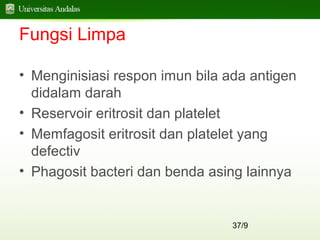 37/9
Fungsi Limpa
• Menginisiasi respon imun bila ada antigen
didalam darah
• Reservoir eritrosit dan platelet
• Memfagosit eritrosit dan platelet yang
defectiv
• Phagosit bacteri dan benda asing lainnya
 