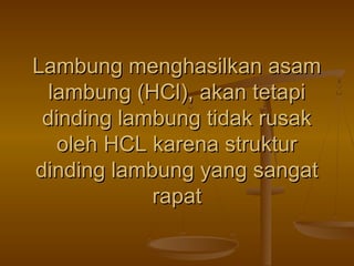 Lambung menghasilkan asam
lambung (HCl), akan tetapi
dinding lambung tidak rusak
oleh HCL karena struktur
dinding lambung yang sangat
rapat

 