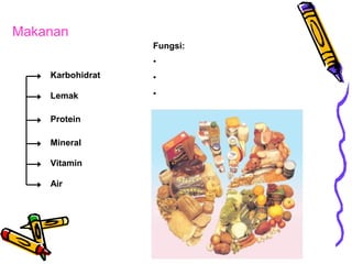 Makanan
Fungsi:
• Penyedia energi
Karbohidrat

• Pembangun tubuh

Lemak

• Pelindung dan pertahanan tubuh

Protein
Mineral
Vitamin
Air

 