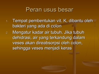 Peran usus besar
1.

2.

Tempat pembentukan vit. K, dibantu oleh
bakteri yang ada di colon
Mengatur kadar air tubuh. Jika tubuh
dehidrasi, air yang terkandung dalam
veses akan direabsorpsi oleh colon,
sehingga veses menjadi keras

 