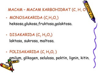 MACAM – MACAM KARBOHIDRAT (C, H, O )
• MONOSAKARIDA (C6 H12O6 )
heksosa,glukosa,fruktosa,galaktosa.
• DISAKARIDA (C12 H22O11)
laktosa, sukrosa, maltosa.
• POLISAKARIDA (C6 H10O5 )
amilum, glikogen, selulosa, pektin, lignin, kitin.

 