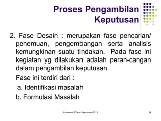 Indrawani S/Teori Keputusan/2013 14
Proses Pengambilan
Keputusan
2. Fase Desain : merupakan fase pencarian/
penemuan, pengembangan serta analisis
kemungkinan suatu tindakan. Pada fase ini
kegiatan yg dilakukan adalah peran-cangan
dalam pengambilan keputusan.
Fase ini terdiri dari :
a. Identifikasi masalah
b. Formulasi Masalah
 