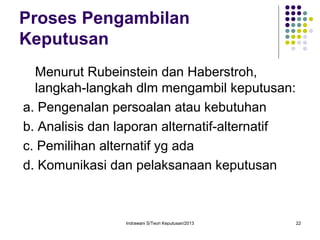 Indrawani S/Teori Keputusan/2013 22
Proses Pengambilan
Keputusan
Menurut Rubeinstein dan Haberstroh,
langkah-langkah dlm mengambil keputusan:
a. Pengenalan persoalan atau kebutuhan
b. Analisis dan laporan alternatif-alternatif
c. Pemilihan alternatif yg ada
d. Komunikasi dan pelaksanaan keputusan
 