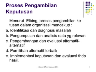 Indrawani S/Teori Keputusan/2013 24
Proses Pengambilan
Keputusan
Menurut Elbing, proses pengambilan ke-
tusan dalam organisasi mencakup :
a. Identifikasi dan diagnosis masalah
b. Pengumpulan dan analisis data yg relevan
c. Pengembangan dan evaluasi alternatif-
alternatif
d. Pemilihan alternatif terbaik
e. Implementasi keputusan dan evaluasi thdp
hasil.
 