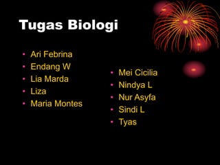Tugas Biologi
• Ari Febrina
• Endang W
• Lia Marda
• Liza
• Maria Montes
• Mei Cicilia
• Nindya L
• Nur Asyfa
• Sindi L
• Tyas
 