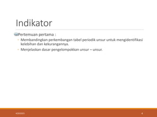 Indikator
Pertemuan pertama :
◦ Membandingkan perkembangan tabel periodik unsur untuk mengidentifikasi
kelebihan dan kekurangannya.
◦ Menjelaskan dasar pengelompokkan unsur – unsur.
4/20/2023 4
 