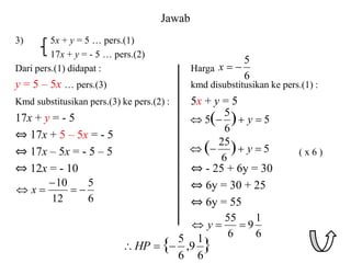 Jawab
3) 5x + y = 5 … pers.(1)
17x + y = - 5 … pers.(2)
Dari pers.(1) didapat : Harga
y = 5 – 5x … pers.(3) kmd disubstitusikan ke pers.(1) :
Kmd substitusikan pers.(3) ke pers.(2) : 5x + y = 5
17x + y = - 5
⇔ 17x + 5 – 5x = - 5
⇔ 17x – 5x = - 5 – 5 ( x 6 )
⇔ 12x = - 10 ⇔ - 25 + 6y = 30
⇔ 6y = 30 + 25
⇔ 6y = 55
6
5
12
10




 x
6
5


x
5
6
5
5 )
( 


 y
5
6
25
)
( 


 y
6
1
9
6
55


 y
}
{
6
1
9
,
6
5


HP
 