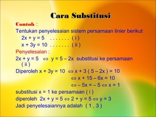 Cara SubstitusiCara Substitusi
Contoh :
Tentukan penyelesaian sistem persamaan linier berikut
2x + y = 5 . . . . . . . ( i )
x + 3y = 10 . . . . . . . ( ii )
Penyelesaian :
2x + y = 5 ⇔ y = 5 – 2x substitusi ke persamaan
( ii )
Diperoleh x + 3y = 10 ⇔ x + 3 ( 5 – 2x ) = 10
⇔ x + 15 – 6x = 10
⇔ – 5x = – 5 ⇔ x = 1
substitusi x = 1 ke persamaan ( i )
diperoleh 2x + y = 5 ⇔ 2 + y = 5 ⇔ y = 3
Jadi penyelesaiannya adalah ( 1 , 3 )
 
