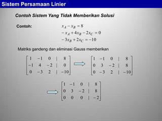 Sistem Persamaan Linier
Contoh Sistem Yang Tidak Memberikan Solusi

xA

Contoh:

xB

xA

8

4 xB

3 xB

2 xC

2 xC

0

10

Matriks gandeng dan eliminasi Gauss memberikan

1
1
0

1
4
3

0

|

8

1

2 |

0

0

10

0

2

|

1

1

0

3

0

0

0

1
3
3

|

8

2 |

8

0

|

2

0

|

8

2 |

8

2

|

10

 