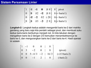 Sistem Persamaan Linier
Langkah-2: Langkah kedua adalah mengambil baris ke-2 dari matriks
gandeng yang baru saja kita peroleh sebagai pivot, dan membuat suku
kedua baris-baris berikutnya menjadi nol. Ini kita lakukan dengan
mengalikan baris ke-2 dengan 2/3 kemudian menambahkannya ke
baris ke-3, dan mengurangkan baris ke-2 dari baris ke-4. Hasil operasi
ini adalah
8|2330
0|2520
8|0230
8|0011
















2)(-baris
2)baris2/3(
(pivot)
0|2100
3/16|23/4500
8|0230
8|0011

















1)baris(
1)baris(
baris1)(
pivot
8|2330
0|2520
8|0230
8|0011



















 