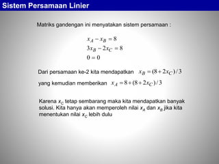 Sistem Persamaan Linier
Matriks gandengan ini menyatakan sistem persamaan :
00
823
8



CB
BA
xx
xx
3/)28( CB xx Dari persamaan ke-2 kita mendapatkan
3/)28(8 CA xx yang kemudian memberikan
Karena xC tetap sembarang maka kita mendapatkan banyak
solusi. Kita hanya akan memperoleh nilai xA dan xB jika kita
menentukan nilai xC lebih dulu
 