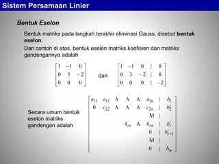 Bentuk Eselon
Sistem Persamaan Linier
Bentuk matriks pada langkah terakhir eliminasi Gauss, disebut bentuk
eselon.












000
230
011













2|000
8|230
8|011
dan
Secara umum bentuk
eselon matriks
gandengan adalah


























m
r
rrnrr
n
n
b
b
bkk
bcc
baaa
|0
|
|0
|
|
|0
|
1
2222
111211





Dari contoh di atas, bentuk eselon matriks koefisien dan matriks
gandengannya adalah
 